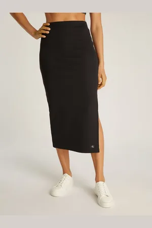 Calvin Klein Midirock WOVEN LABEL RIB SKIRT mit Beinschlitz