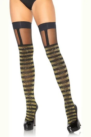 Leg Avenue Strapsstrümpfe Goldgestreifte Glitzerstrümpfe - Verkäufer: MASKWORLD