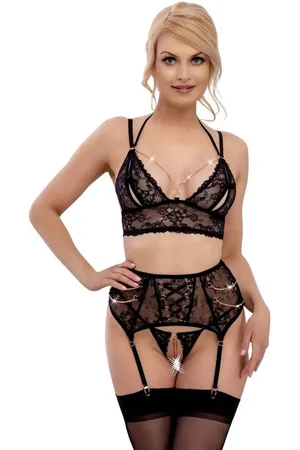 Abierta Fina Set: Bügelloser BH Dessous Set: BH, Strapsgurt und String mit Ketten - (3-tlg) Spitze und Samt mit roségoldfarbenen Details - Verkäufer: Sandritas
