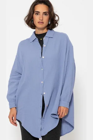 SASSYCLASSY Longbluse Oversize Musselin Bluse Damen Langarm Elegant Hemdbluse lang aus Baumwolle mit V-Ausschnitt, One Size (Gr. 36-48) - Verkäufer: