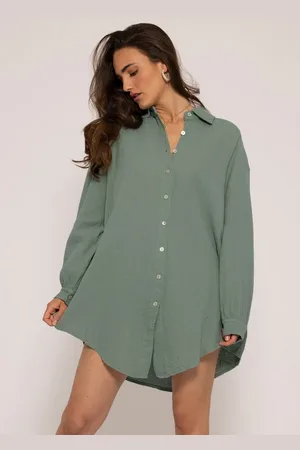 SASSYCLASSY Longbluse Oversize Musselin Bluse Damen Langarm Elegant Hemdbluse lang aus Baumwolle mit V-Ausschnitt, One Size (Gr. 36-48) - Verkäufer: