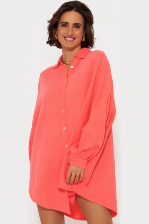 SASSYCLASSY Longbluse Oversize Musselin Bluse Damen Langarm Elegant Hemdbluse lang aus Baumwolle mit V-Ausschnitt, One Size (Gr. 36-48) - Verkäufer:
