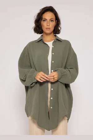 SASSYCLASSY Longbluse Oversize Musselin Bluse Damen Langarm Elegant Hemdbluse lang aus Baumwolle mit V-Ausschnitt, One Size (Gr. 36-48) - Verkäufer: