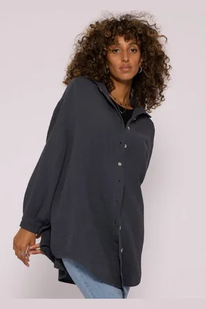SASSYCLASSY Longbluse Oversize Musselin Bluse Damen Langarm Elegant Hemdbluse lang aus Baumwolle mit V-Ausschnitt, One Size (Gr. 36-48) - Verkäufer: