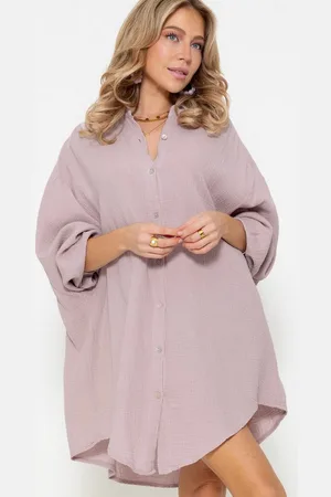 SASSYCLASSY Longbluse Oversize Musselin Bluse Damen Langarm Elegant Hemdbluse lang aus Baumwolle mit V-Ausschnitt, One Size (Gr. 36-48) - Verkäufer: