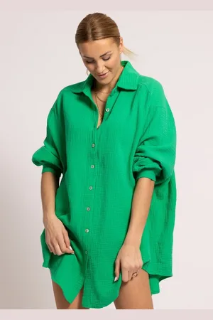 SASSYCLASSY Longbluse Oversize Musselin Bluse Damen Langarm Elegant Hemdbluse lang aus Baumwolle mit V-Ausschnitt, One Size (Gr. 36-48) - Verkäufer: