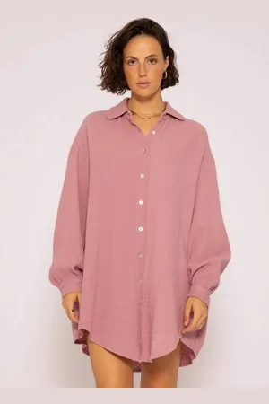 SASSYCLASSY Longbluse Oversize Musselin Bluse Damen Langarm Elegant Hemdbluse lang aus Baumwolle mit V-Ausschnitt, One Size (Gr. 36-48) - Verkäufer: