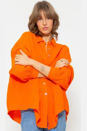 SASSYCLASSY Longbluse Oversize Musselin Bluse Damen Langarm Elegant Hemdbluse lang aus Baumwolle mit V-Ausschnitt, One Size (Gr. 36-48) - Verkäufer: