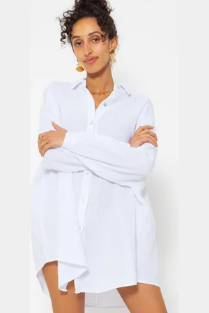 SASSYCLASSY Longbluse Oversize Musselin Bluse Damen Langarm Elegant Hemdbluse lang aus Baumwolle mit V-Ausschnitt, One Size (Gr. 36-48) - Verkäufer: