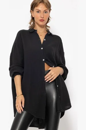 SASSYCLASSY Longbluse Oversize Musselin Bluse Damen Langarm Elegant Hemdbluse lang aus Baumwolle mit V-Ausschnitt, One Size (Gr. 36-48) - Verkäufer: