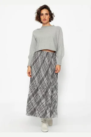 SASSYCLASSY Midirock A-Line midi Rock Elegant aus Chiffon mit Falten Plissé Rock lang mit Gummiband in Karo Leo Muster Braun Schwarz - Verkäufer:
