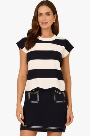 Adrianna Papell Kurzarmshirt Crew Neck Wide Striped Directional Shaker Stitch Sweater Casual, Basic, Abendessen, Arbeit - Verkäufer: GoJungo GmbH