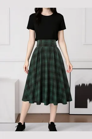 DEBAIJIA Midirock Damen Rock Plissierter Karierter Elastischer Bund Vintage Midirock - Verkäufer: Paciea UG