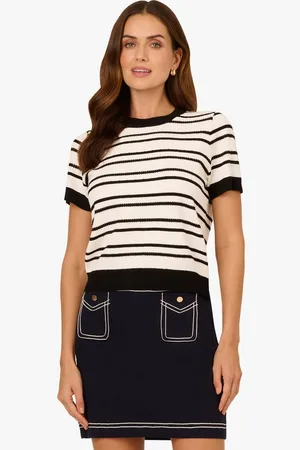 Adrianna Papell Strickpullover Crew Neck Striped Pointelle Contrast Trim Sweater Casual, Basic, Abendessen, Arbeit - Verkäufer: GoJungo GmbH