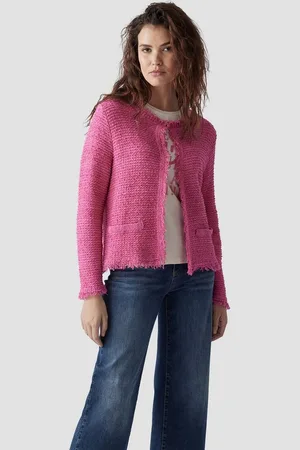 Le Comte Strickjacke Bouclé-Jacke in strahlendem Pink mit Fransen-Details