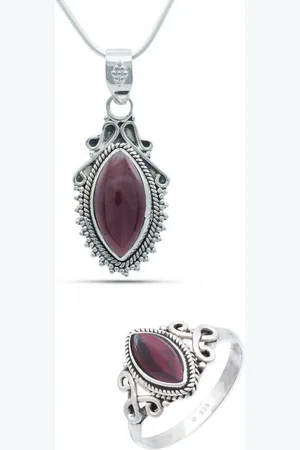 mantraroma Schmuckset ANULA echt 925 Silber mit Granat- Kette und Ring in passendem Design (Schmuckset in Schmuckdose) - Verkäufer: