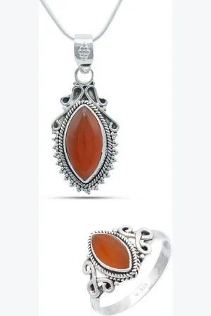 mantraroma Schmuckset ANULA echt 925 Silber mit Karneol - Kette und Ring in passendem Design (Schmuckset in Schmuckdose) - Verkäufer: