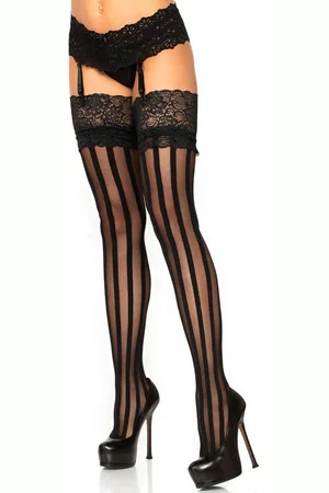 Leg Avenue Strapsstrümpfe Straps-Strümpfe mit Streifen und Spitzen-Bund - (1-Paar) transparent - Verkäufer: Sandritas