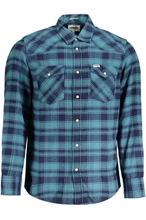Wrangler Langarmhemd Herren Flanellhemd Blau Kariert, Western Style mit Druckknöpfen - Verkäufer: Redeve