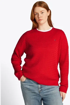 Tommy Hilfiger Rundhalspullover CRV CO CABLE C-NK LS SWEATER in Großen Größen, Zopfmuster, Logostickerei
