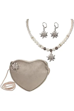 Alpenflüstern Ketten-Set Trachtenset Perlen-Trachtenkette, Trachten-Ohrhänger und Herztasche Strass-Edelweiß (taupe-braun), - Damen-Trachten-Schmuck, Trachtenkette, Ohrringe und Tasche - Verkäufer: