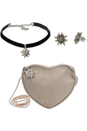 Alpenflüstern Ketten-Set Trachtenset Trachten-Samt-Kropfband, Ohrstecker und Herztasche Strass-Edelweiß (taupe-braun), - Damen-Trachten-Schmuck und Tasche, Trachtenkette, Ohrringe und Tasche - Verkäufer: