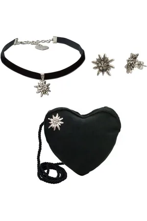 Alpenflüstern Ketten-Set Trachtenset Trachten-Samt-Kropfband, Ohrstecker und Herztasche Strass-Edelweiß (schwarz), - Damen-Trachten-Schmuck und Tasche, Trachtenkette, Ohrringe und Tasche - Verkäufer: