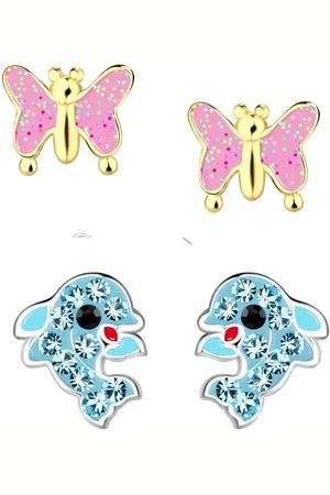 schmuck23 Ohrstecker-Set 2 x Kinder Ohrringe Delfin Schmetterling gold 925 Silber (Geschenkset, Set aus 2 Paar Ohrringen), Mädchen Kinderschmuck 4 x Silikonverschluß extra - Verkäufer: