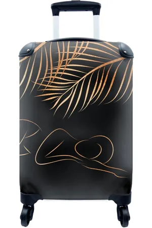 MuchoWow Handgepäckkoffer Frau - Blätter - Strichzeichnung - Gold, 4 Rollen, Reisetasche mit rollen, Handgepäck für Ferien, Trolley, Reisekoffer - Verkäufer: GmbH