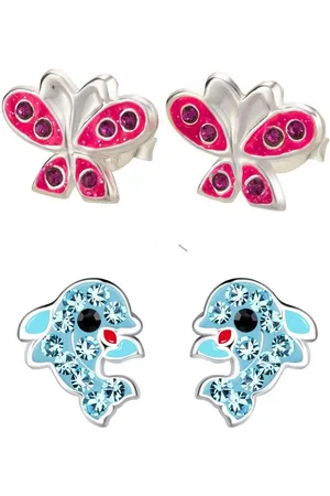 schmuck23 Ohrstecker-Set 2 x Kinderohrringe Delfin und Schmetterling 925 Silber (Geschenkset, Set aus 2 Paar Ohrringen), Mädchen Kinderschmuck 4 x Silikonverschluß extra - Verkäufer: