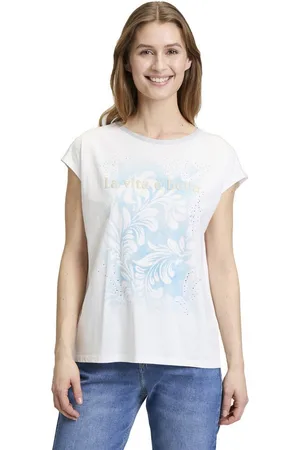 Cartoon Kurzarmshirt Rundhals-Shirt mit Placement (1-tlg) Aufgesteppte Bänder