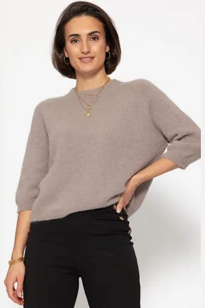 SASSYCLASSY Kurzarmshirt Rollkragenshirt Damen Elegant mit halblangen Ärmel Lockeres Shirt aus Strickmaterial mit Rundhalsausschnitt Taupe Rosa - Verkäufer: