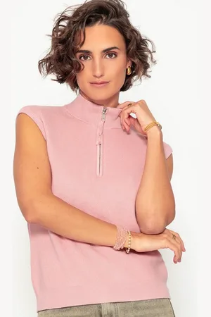 SASSYCLASSY T-Shirt Ärmellose Top Damen mit Reißverschluss elegant Lässiges Stricktop mit Zipper und V-Ausschnitt Schwarz Beige Weiß - Verkäufer: