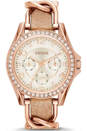 Fossil Multifunktionsuhr RILEY ES3466, Quarzuhr, Armbanduhr, Damenuhr, Datum, Glassteine, Lederarmband