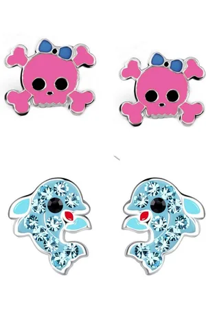 schmuck23 Ohrstecker-Set 2 x Kinder Ohrringe Delfin und Totenkopf Mädchen 925 Silber (Geschenkset, Set aus 2 Paar Ohrringen), Mädchen Kinderschmuck 4 x Silikonverschluß extra - Verkäufer:
