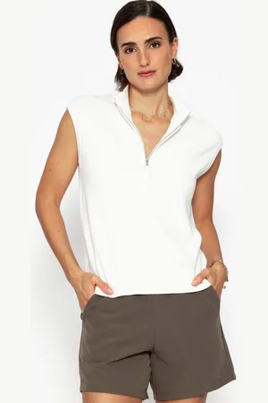 SASSYCLASSY T-Shirt Ärmellose Top Damen mit Reißverschluss elegant Lässiges Stricktop mit Zipper und V-Ausschnitt Schwarz Beige Weiß - Verkäufer: