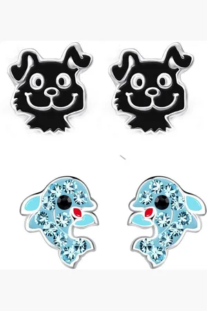 schmuck23 Ohrstecker-Set 2 x Kinder Ohrringe Delfin und schwarzer Hund 925 Silber (Geschenkset, Set aus 2 Paar Ohrringen), Mädchen Kinderschmuck 4 x Silikonverschluß extra - Verkäufer: