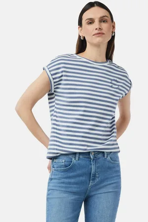 Comma, Shirttop Gestreiftes Baumwoll-T-Shirt mit überschnittenen Schultern - Verkäufer: s.Oliver