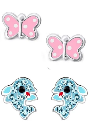 schmuck23 Ohrstecker-Set 2 x Kinder Ohrringe Delfin und Schmetterling 925 Silber (Geschenkset, Set aus 2 Paar Ohrringen), Mädchen Kinderschmuck 4 x Silikonverschluß extra - Verkäufer: