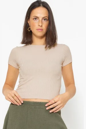 SASSYCLASSY Kurzarmshirt Geripptes T-Shirt Damen mit Rundhalsausschnitt Figurbetontes Kurzarmshirt aus weichem Jersey Material in Rippstruktur - Verkäufer: