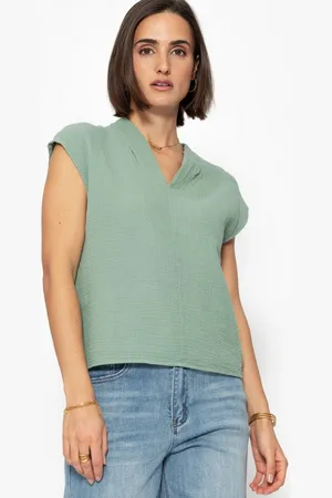 SASSYCLASSY Kurzarmshirt Musselin Shirt Damen kurz mit V-Ausschnitt Elegant Lockere ärmellose Top mit Teilungsnaht aus Baumwolle Schwarz Weiß Rosa - Verkäufer: