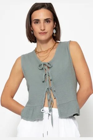 SASSYCLASSY T-Shirt Leichtes Top Damen mit Leoprint und Schleifen Rundhalsausschnitt Musselin Top aus Baumwolle zum Binden Braun - Verkäufer: