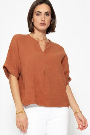 SASSYCLASSY Kurzarmshirt Oversize Musselin Shirt Damen kurz in V-Ausschnitt Lockere Kurzarm Shirt aus weichem Baumwolle mit feinem Schlitz Elegant - Verkäufer: