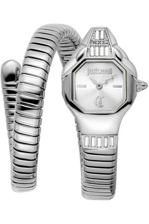 Roberto Cavalli Quarzuhr Signature Snake JC1L326M0015, Armbanduhr,Damenuhr,Edelstahlband,Perlmutt-Zifferblatt,Kristallsteine