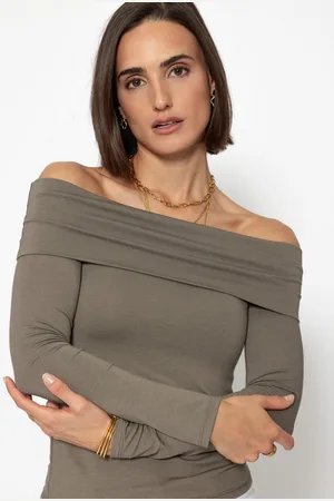 SASSYCLASSY Langarmshirt Langarmshirt Damen mit Carmen-Ausschnitt Elegant Figurbetontes Shirt mit schulterfreiem Schnitt Schwarz Taupe - Verkäufer: