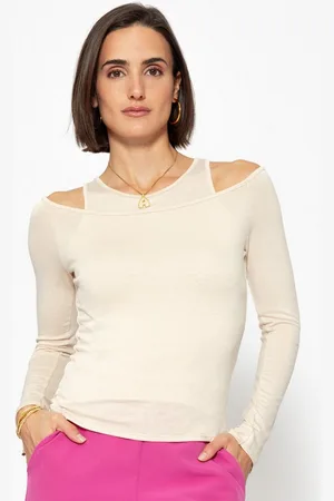 SASSYCLASSY Langarmshirt Langarmshirt Damen mit Top und Cut-Out-Design Figurbetontes Shirt mit schulterfreiem Schnitt Elegant Schwarz Beige - Verkäufer: