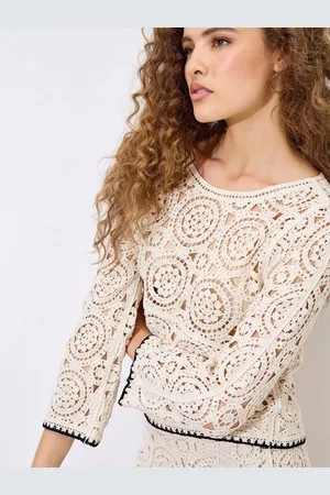 Apricot Spitzenshirt Häkeltop, mit Trompetenärmeln - Verkäufer: