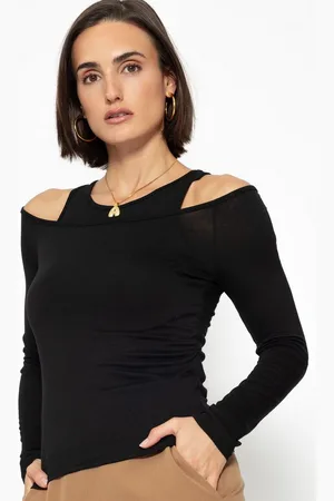SASSYCLASSY Langarmshirt Langarmshirt Damen mit Top und Cut-Out-Design Figurbetontes Shirt mit schulterfreiem Schnitt Elegant Beige - Verkäufer: