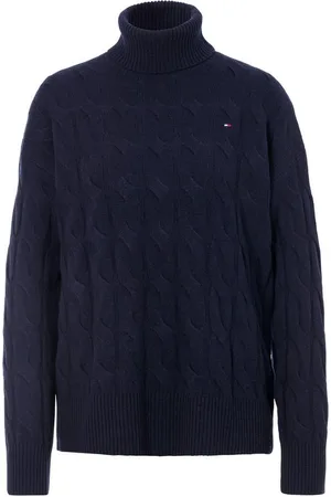 Tommy Hilfiger Rollkragenpullover SOFT WOOL CABLE ROLL-NK SWEATER mit Logostickerei, allover Zopfmuster, Rollkragen, 100% Wolle