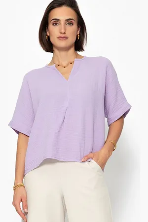 SASSYCLASSY Kurzarmshirt Oversize Musselin Shirt Damen kurz in V-Ausschnitt Lockere Kurzarm Shirt aus weichem Baumwolle mit feinem Schlitz Elegant - Verkäufer: